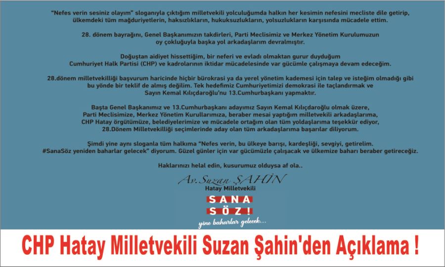 CHP Hatay Milletvekili Suzan Şahin’den Açıklama !